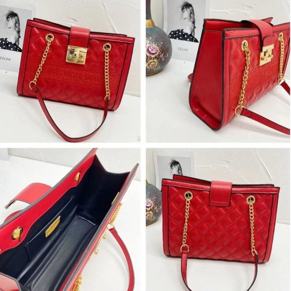 Large Vegan Leather Red Handbag Quilted Pattern Shoulder Satchel Hand Bag Purse - Picture 2 of 10